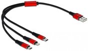 Delock Cable 3IN1 USB-A(M)->LIGHTNING(M)+MICRO-B(M)+USB-C(M) recharging only 0.3M red/black